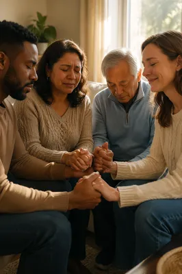 Emotional Prayer Group in Sunlit Living Room