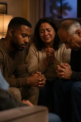 Emotional Prayer Group in Living Room