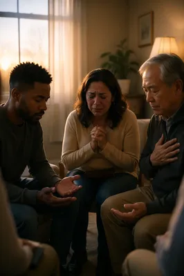 Emotional Prayer Group in Living Room