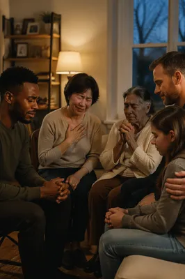 Emotional Multigenerational Prayer Group in Living Room