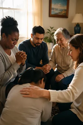 Emotional Prayer Group in Sunlit Living Room