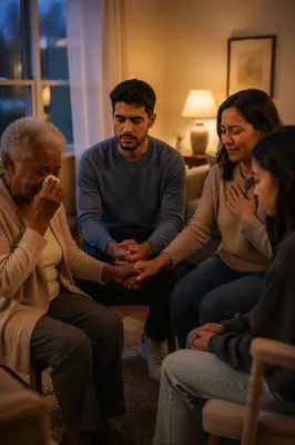 Emotional Prayer Group in Living Room