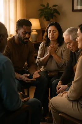 Emotional Prayer Group in Warm Living Room
