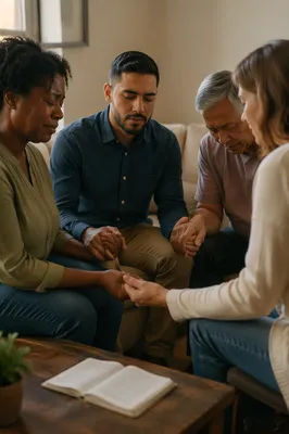 Emotional Prayer Group in Living Room