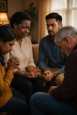 Emotional Prayer Group in Warm Living Room