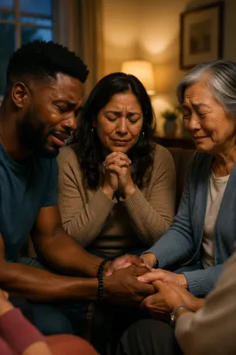 Emotional Prayer Group in Cozy Living Room