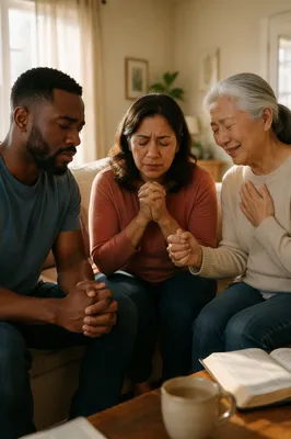 Emotional Prayer Group in Sunlit Living Room