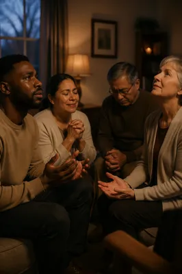 Emotional Prayer Group in Living Room