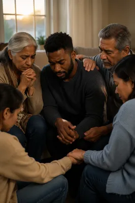 Emotional Prayer Group in Living Room