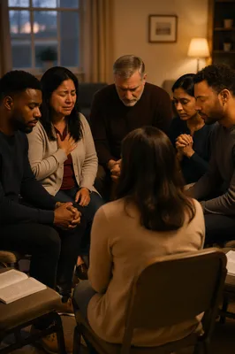 Emotional Prayer Group in Community Room