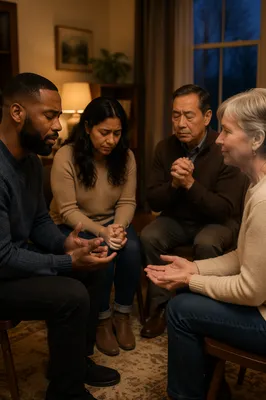 Emotional Prayer Group in Living Room