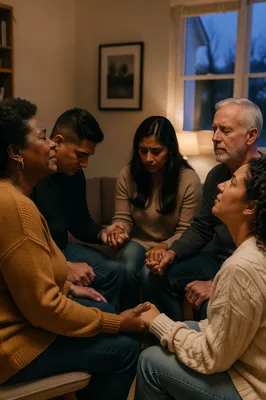 Emotional Prayer Group in Living Room