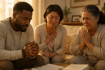 Emotional Prayer Group in Living Room