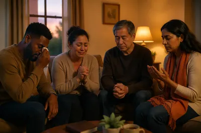 Emotional Prayer Group in Living Room