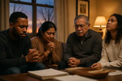 Emotional Prayer Group in Living Room