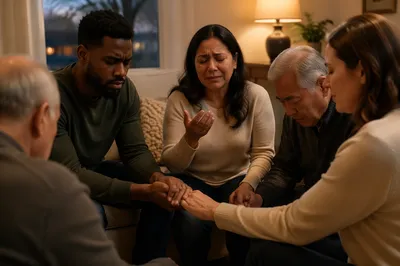 Emotional Prayer Group in Living Room