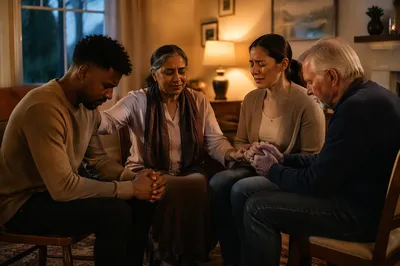 Emotional Prayer Group in Living Room