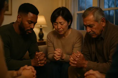Emotional Prayer Group in Living Room