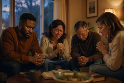 Emotional Prayer Group in Living Room