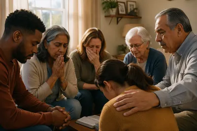 Emotional Prayer Group in Living Room