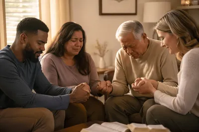 Emotional Prayer Group in Sunlit Living Room