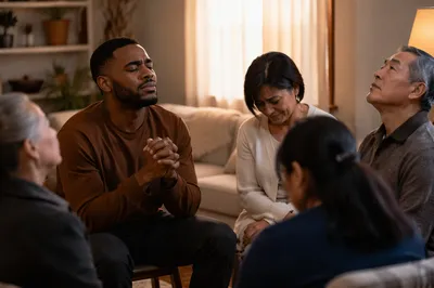 Emotional Prayer Group in Living Room