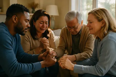 Emotional Prayer Group in Sunlit Living Room
