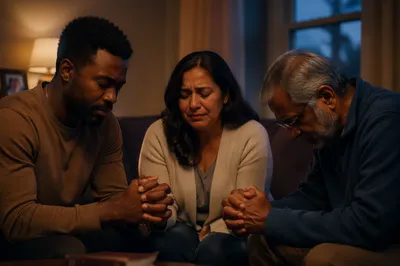 Emotional Prayer Group in Cozy Living Room