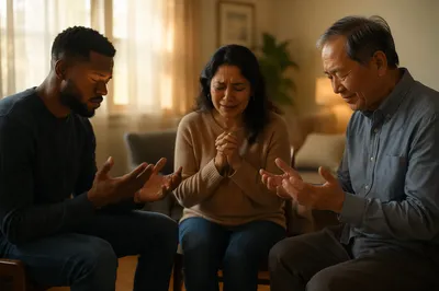 Emotional Prayer Group in Living Room