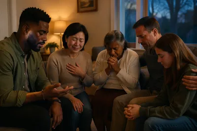 Emotional Intergenerational Prayer Group in Living Room
