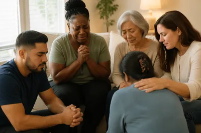 Emotional Prayer Group in Sunlit Living Room