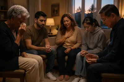 Emotional Prayer Group in Living Room