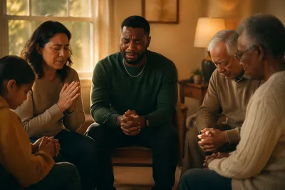 Emotional Prayer Group in Warm Living Room