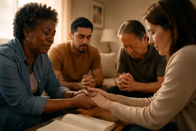 Emotional Prayer Group in Living Room