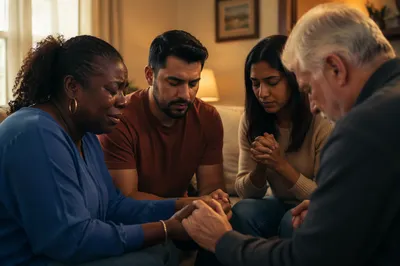 Emotional Prayer Group in Living Room