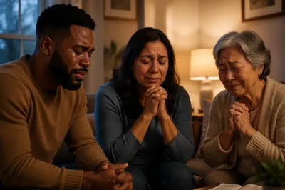 Emotional Prayer Group in Living Room
