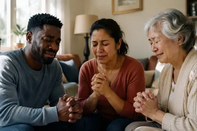 Emotional Prayer Group in Sunlit Living Room