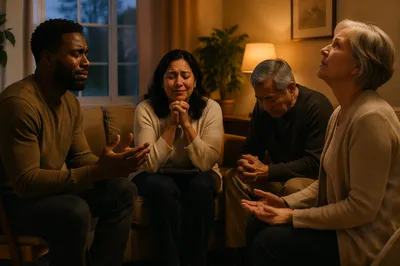 Emotional Prayer Group in Living Room