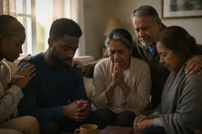 Emotional Prayer Group in Living Room