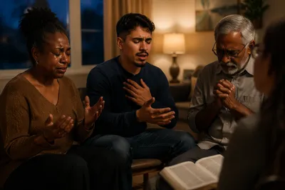 Emotional Prayer Group in Living Room