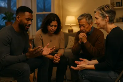 Emotional Prayer Group in Living Room