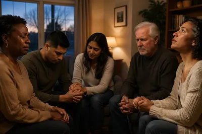 Emotional Prayer Group in Living Room