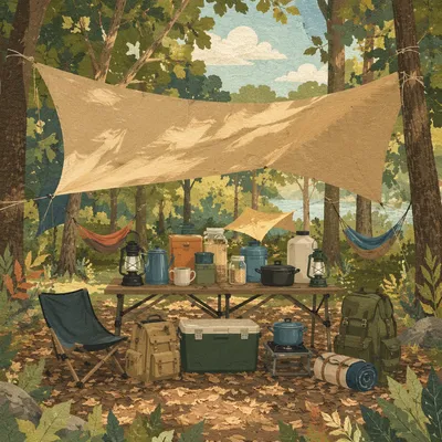 Wilderness Provision Table Under Forest Tarp