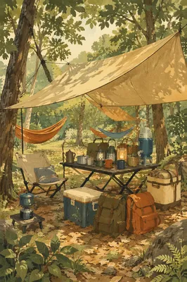 Wilderness Provision Table Under Forest Tarp