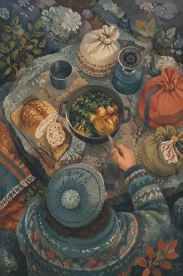 Provision Meal Prepared on Wilderness Rock Table