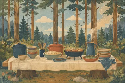 Provision Table in Peaceful Pine Wilderness