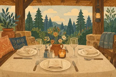 Wilderness Provision Table with Candlelit Warmth