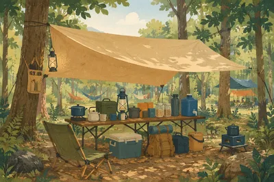 Provision Table Beneath Forest Tarp