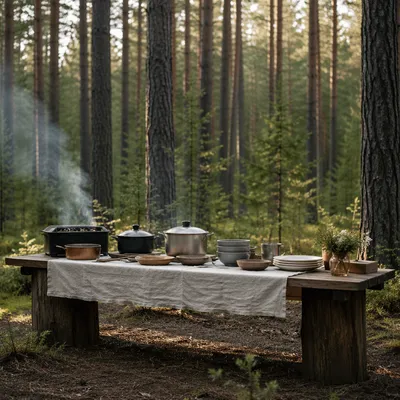 Provision Table in Peaceful Pine Wilderness