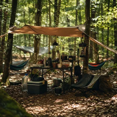 Wilderness Provision Table Under Forest Tarp